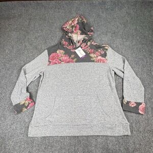 Honeyme Curvy Hoodie Womens XXL Gray Pink Roses Floral Colorblock Cottagecore